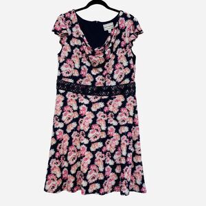 Karin Stevens Navy Blue & Pink Floral Knit Lace Waist Dress Women's size 12